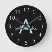 Aqua Blauwgroen Blauw Manuscript Meisjes Monogram  Ronde Klok (Voorkant)