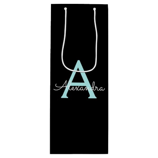 Aqua Blauwgroen Blauw Manuscript Meisjes Monogram  Wijn Cadeautas (Voorkant)