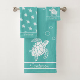 Aqua Blauwgroen Blauw Monogram Wit Zee Schildpad N Bad Handdoek