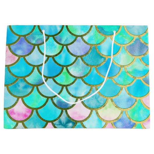 Aqua Blauwgroen blauw Waterverf Zeemeermin-schaalp Groot Cadeauzakje (Voorkant)