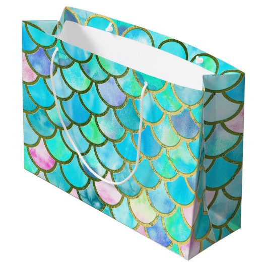 Aqua Blauwgroen blauw Waterverf Zeemeermin-schaalp Groot Cadeauzakje (Achterkant Gekanteld)