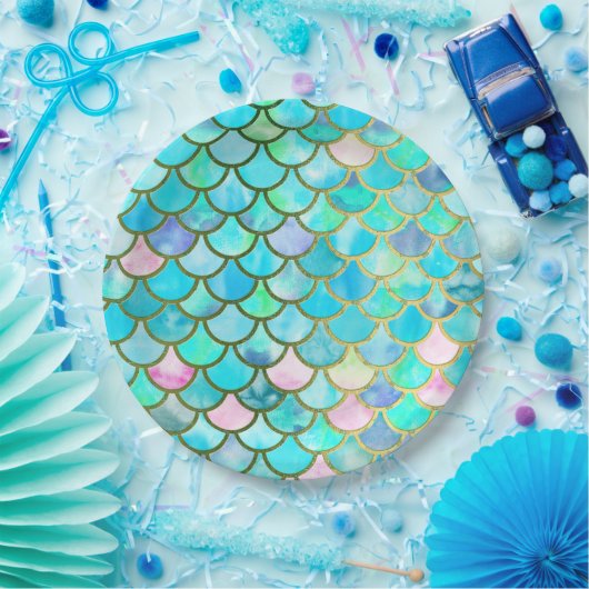 Aqua Blauwgroen blauw Waterverf Zeemeermin-schaalp Papieren Bordje (Feest)