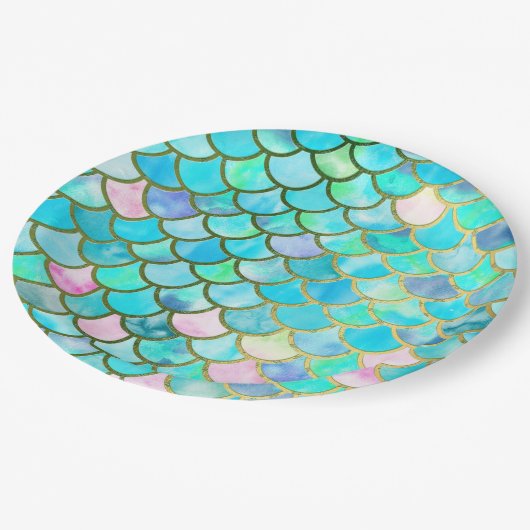 Aqua Blauwgroen blauw Waterverf Zeemeermin-schaalp Papieren Bordje (Gekanteld)