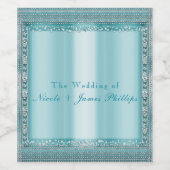 Aqua Blauwgroen Blauw & Zilver Diamant Bling Wijnl Wijn Etiket (Enkel label)