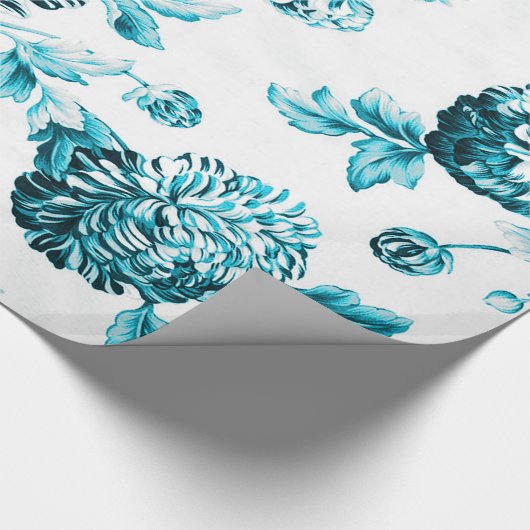 Aqua Blauwgroen Blauwe  Botanische Floral Toile Cadeaupapier (Hoek)