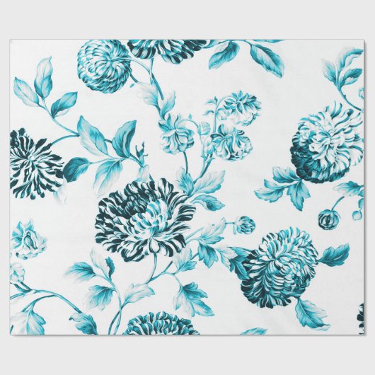Aqua Blauwgroen Blauwe  Botanische Floral Toile Cadeaupapier (Vlak)