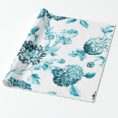Aqua Blauwgroen Blauwe  Botanische Floral Toile Cadeaupapier (Uitgerold)