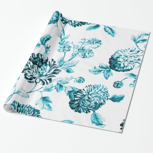 Aqua Blauwgroen Blauwe  Botanische Floral Toile Cadeaupapier (Uitgerold)