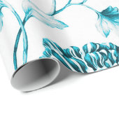 Aqua Blauwgroen Blauwe  Botanische Floral Toile Cadeaupapier (Rol Hoek)