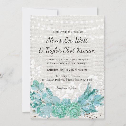 Aqua Blauwgroen blauwe Waterverf Succulent Wedding Kaart (Voorkant)