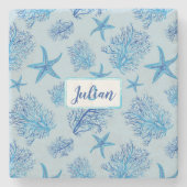 Aqua-blauwgroen blauwe zeester-koraal-aangepaste m stenen onderzetter (Voorkant)