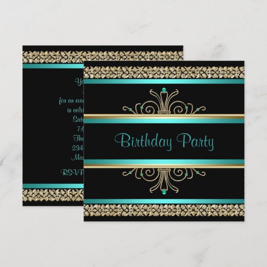 Aqua Blauwgroen Blauwe Zwarte Womans Birthday Part Kaart (Voorkant / Achterkant)