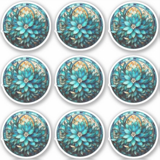 Aqua Blauwgroen Bloem Glas in lood Stijl Schildere Sticker (Voorkant)