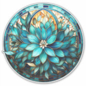 Aqua Blauwgroen Bloem Glas in lood Stijl Schildere Sticker (Voorkant)