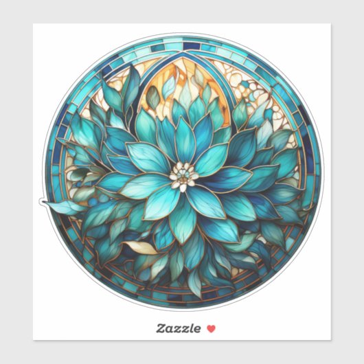 Aqua Blauwgroen Bloem Glas in lood Stijl Schildere Sticker (Vel)