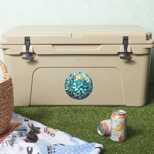 Aqua Blauwgroen Bloem Glas in lood Stijl Schildere Sticker (Koeler)