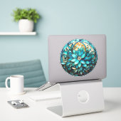 Aqua Blauwgroen Bloem Glas in lood Stijl Schildere Sticker (Laptop op bureau)