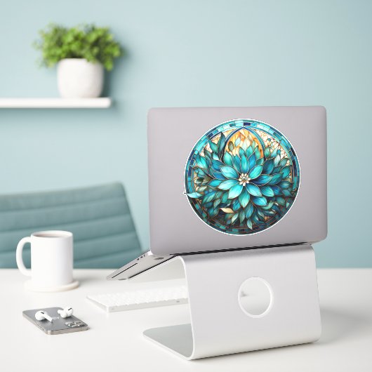 Aqua Blauwgroen Bloem Glas in lood Stijl Schildere Sticker (Laptop op bureau)