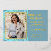 Aqua Blauwgroen Blue Gold Foil Afstuderen Aankondi Folie Uitnodiging (Voorkant)