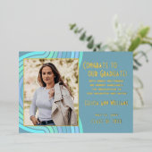 Aqua Blauwgroen Blue Gold Foil Afstuderen Aankondi Folie Uitnodiging (Staand Voorkant)