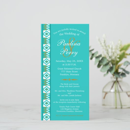 Aqua Blauwgroen Blue Kente Wedding Invitation (Staand voorkant)