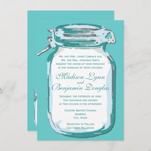 Aqua Blauwgroen Blue Mason Jar Rustic Wedding Invi Kaart (Voorkant / Achterkant)