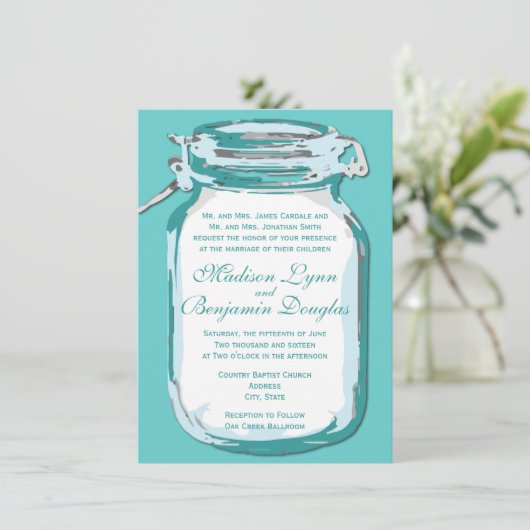 Aqua Blauwgroen Blue Mason Jar Rustic Wedding Invi Kaart (Staand voorkant)