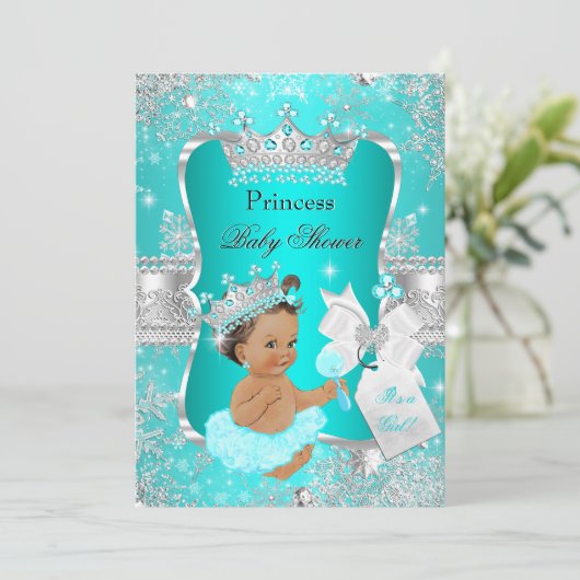 Aqua Blauwgroen Blue Princess Baby shower Brunette Kaart (Staand voorkant)