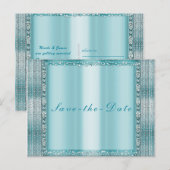 Aqua Blauwgroen Blue Silver Diamond Bling Save the Aankondigingskaart (Voorkant / Achterkant)