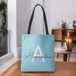 Aqua Blauwgroen Blue Sparkle Elegant Monogram Boek Tote Bag<br><div class="desc">Aqua Blauwgroen Ice Blue Faux Sparkle en Glitter Elegant Monogram Boekentas. Deze Boekentas kan worden aangepast om uw initiaal en voornaam op te nemen.</div>