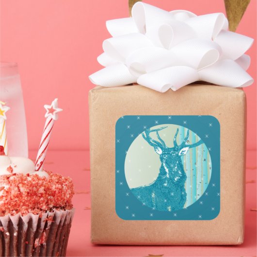 Aqua Blauwgroen Buck Deer Birch Tree Snowflake Vierkante Sticker (Feest)