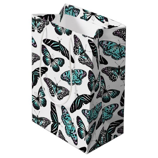 Aqua Blauwgroen Butterflies Waterverf Patroonmonog Medium Cadeauzakje (Achterkant Gekanteld)