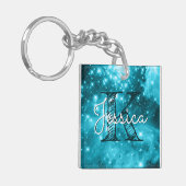 Aqua Blauwgroen Celestial Starry Monogram Sleutelhanger (Voorkant Links)