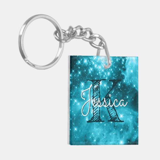 Aqua Blauwgroen Celestial Starry Monogram Sleutelhanger (Voorkant Links)