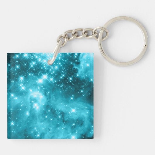 Aqua Blauwgroen Celestial Starry Monogram Sleutelhanger (Achterkant)