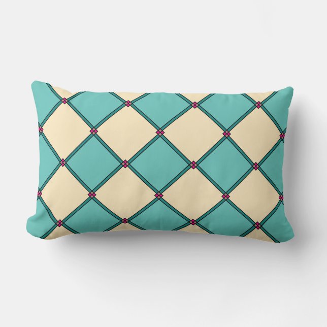 Aqua Blauwgroen Cream Art Deco Style Lumbar Pillow Kussen (Voorkant)