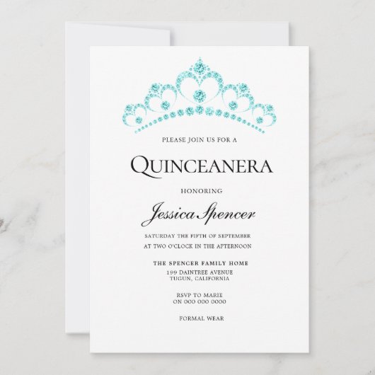 Aqua Blauwgroen Diamond Tiara Quinceanera Invite Kaart (Voorkant)