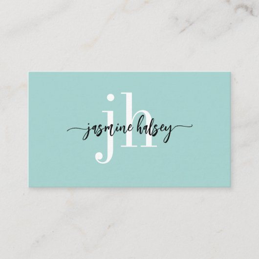Aqua Blauwgroen Eenvoudige Naam en Initialen Visit Visitekaartje (Voorkant)