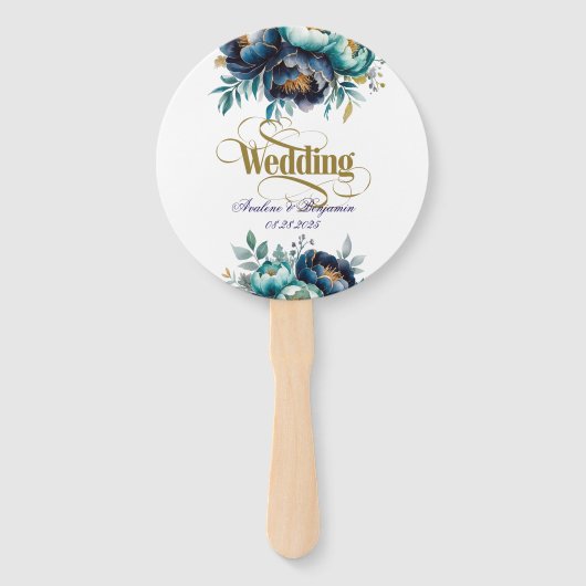 Aqua Blauwgroen en Navy Peony Bouquet bruiloft Handwaaier (Voorkant)