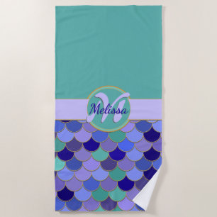 Aqua Blauwgroen en Paarse zeemeerminnen monogram + Strandlaken