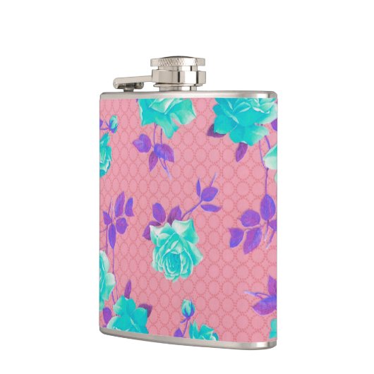 Aqua Blauwgroen en roze Floral Print Heupfles (Links)