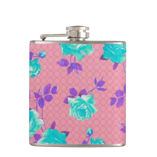 Aqua Blauwgroen en roze Floral Print Heupfles (Voorkant)