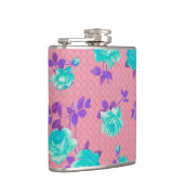 Aqua Blauwgroen en roze Floral Print Heupfles (Rechts)