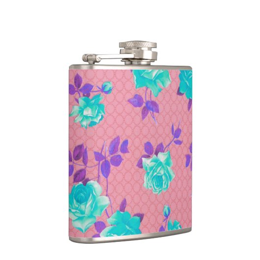 Aqua Blauwgroen en roze Floral Print Heupfles (Rechts)