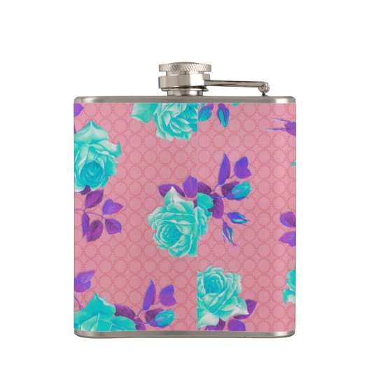 Aqua Blauwgroen en roze Floral Print Heupfles (Achterkant)