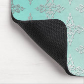 Aqua Blauwgroen en Silvery White Damask Patroon Muismat (Hoek)