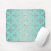 Aqua Blauwgroen en Silvery White Damask Patroon Muismat (Met muis)