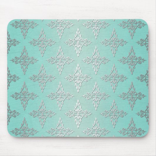 Aqua Blauwgroen en Silvery White Damask Patroon Muismat (Voorkant)