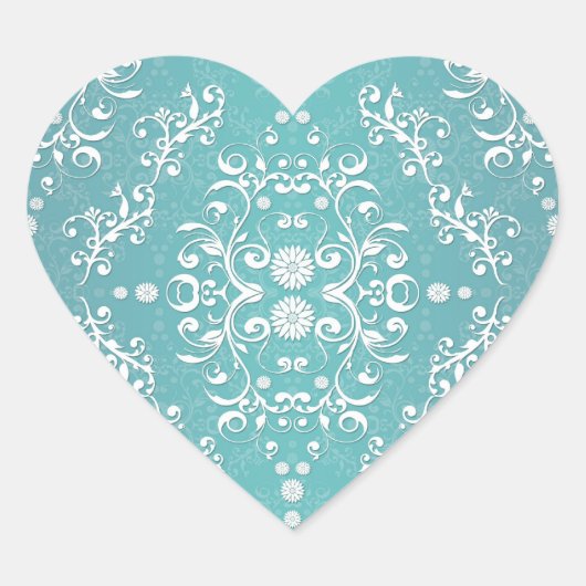 Aqua Blauwgroen en White Floral Damask Hart Sticker (Voorkant)