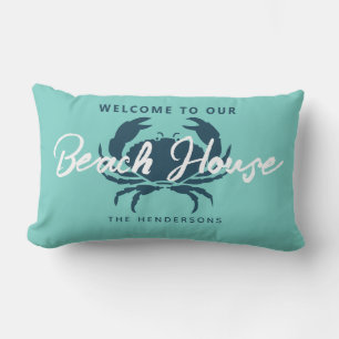 Aqua Blauwgroen Familienaam Beach House Nautical O Buitenkussen